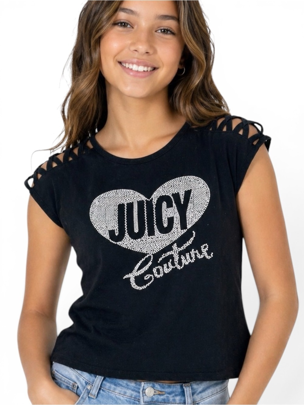 Juicy Couture Y2K Girls 16 Black Studded Logo Cold Shoulder Tee McBling Stretch